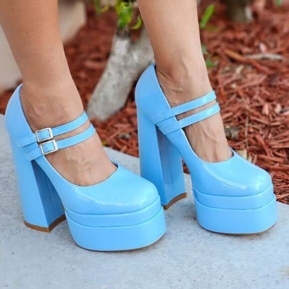 Shoes - Women's Double Strap Patent  Platform Pumps Blue Color